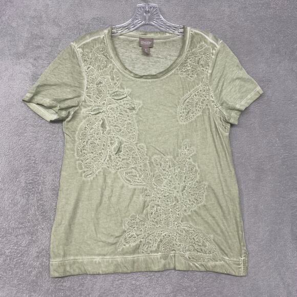 Chicos Top Womens Medium Green Tee Short Sleeve Cotton Round Neck 1 - Picture 1 of 8